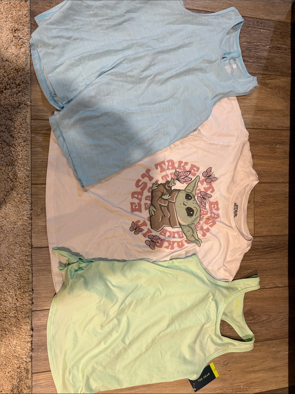 Girls Light Blue tank, baby yoda Graphic Tee,  and race back tank